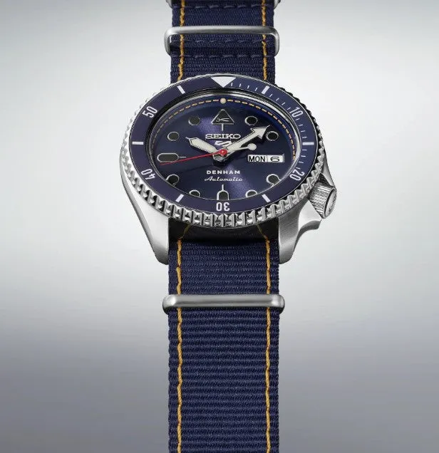 Seiko 5 Sports Denham Limited Edition Blue sunray Dial Blue nylon strap with yellow stitching Men's Watch SBSA281