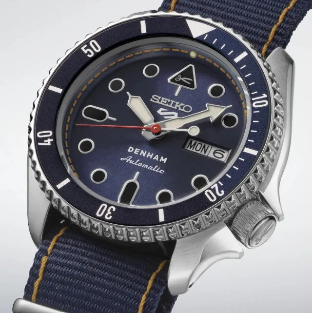 Seiko 5 Sports Denham Limited Edition Blue sunray Dial Blue nylon strap with yellow stitching Men's Watch SBSA281
