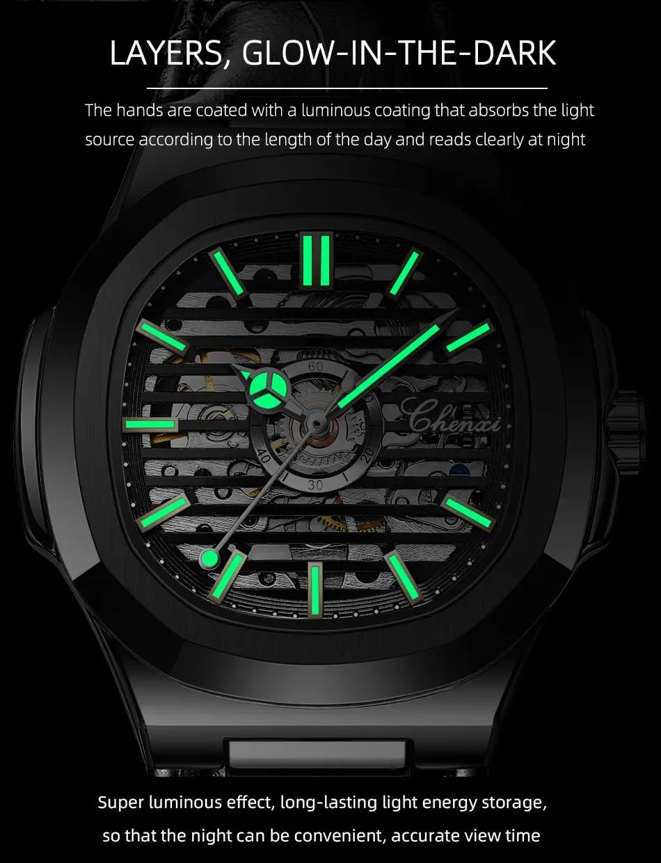 Self-Winding Dress Stainless Steel Band clinical urgent disadvantage stuff reserve Watch FANMIS Men's Classic Square Automatic Mechanical Watch Luxury Skeleton Hollow Business Waterproof Luminous Watch 