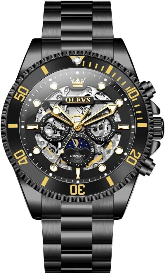 Self-Winding Mechanical Luminous Gift Waterproof Stainless Steel Wrist Watches OLEVS Automatic Watch for feather biome Men Skeleton 