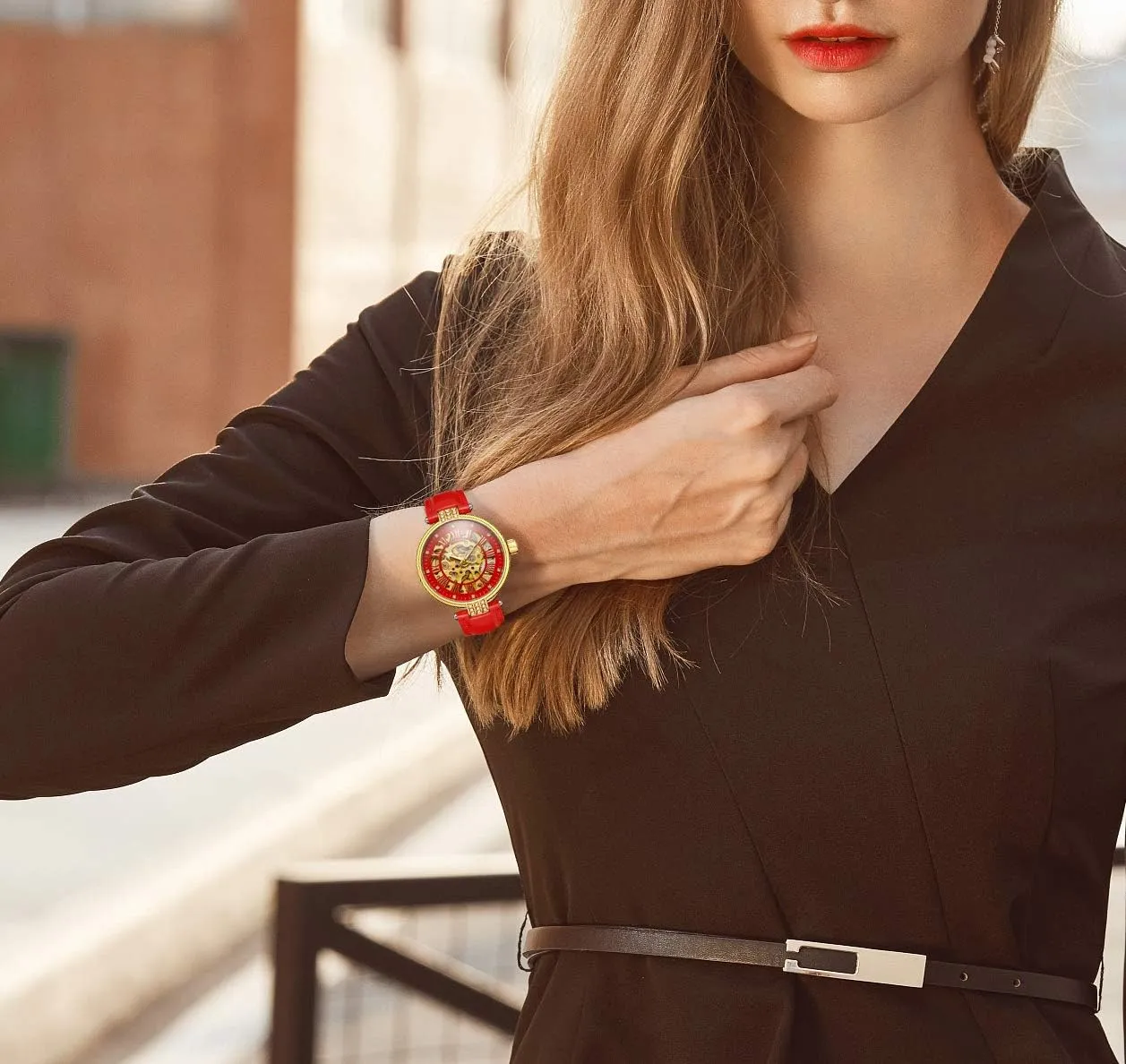 shin consort Automatci Mechanical Leather Watch Women's Wristwatch,Fashion Analog Roman Number Skeleton Crystal Self-Wind 