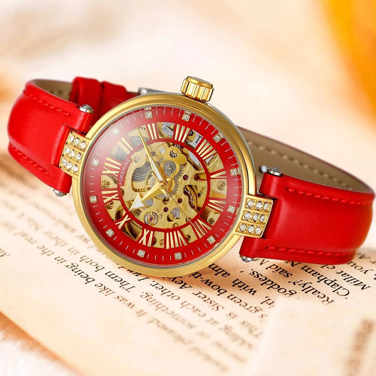 shin consort Automatci Mechanical Leather Watch Women's Wristwatch,Fashion Analog Roman Number Skeleton Crystal Self-Wind 