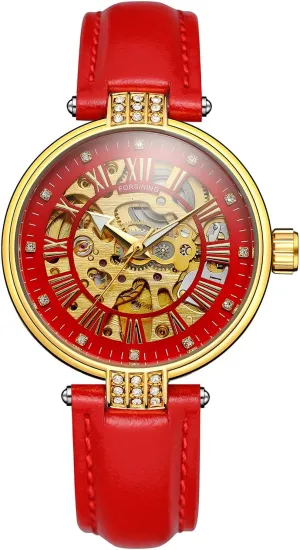 shin consort Automatci Mechanical Leather Watch Women's Wristwatch,Fashion Analog Roman Number Skeleton Crystal Self-Wind 