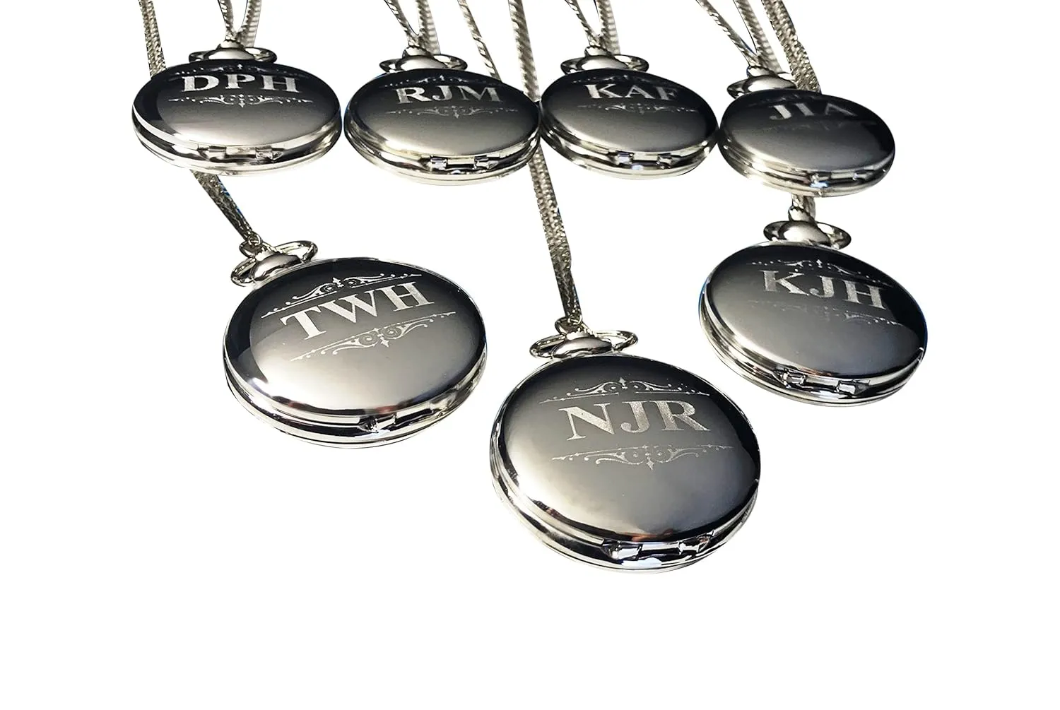 Silver pocket watches, Engraved set of 7 pocket watches, Gift boxes included, transparent engraving included, Chains included. 7 
