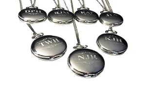 Silver pocket watches, Engraved set of 7 pocket watches, Gift boxes included, transparent engraving included, Chains included. 7 