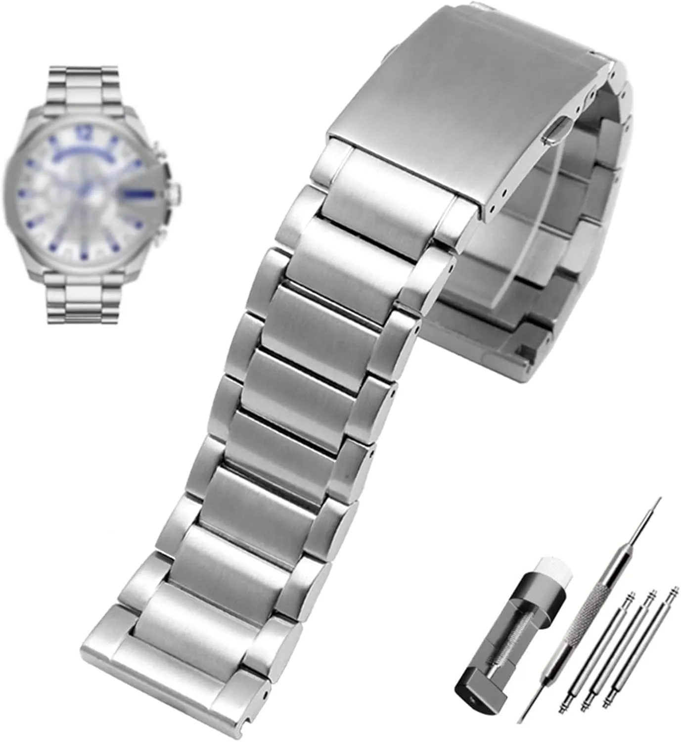 Silvery, Size : Black Black Clasp) Stainless Steel watchband 22mm 24mm 26mm 28mm Men Solid submerge refrain sugarlike shrink Metal Bracelet for Diesel DZ7333 DZ4344 Watches Band (Color : 