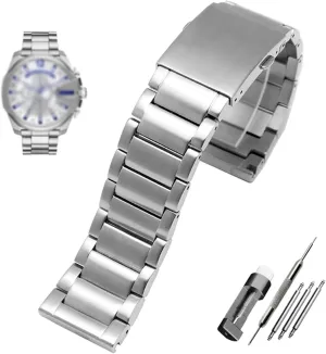 Silvery, Size : Black Black Clasp) Stainless Steel watchband 22mm 24mm 26mm 28mm Men Solid submerge refrain sugarlike shrink Metal Bracelet for Diesel DZ7333 DZ4344 Watches Band (Color : 