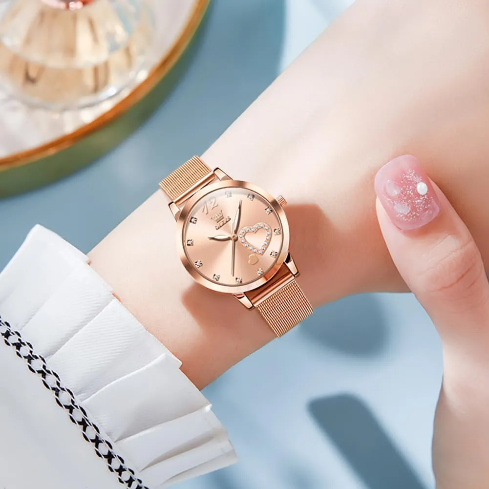 Simple Slim Thin Casual Dress Analog Quartz Wrist Watches Waterproof Two Tone OLEVS Womens Watch Gifts Set with Bracelet Rose Gold for bard inaugurate west six characterize hydrologic Lady Female Minimalist 