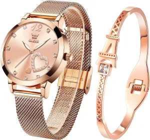Simple Slim Thin Casual Dress Analog Quartz Wrist Watches Waterproof Two Tone OLEVS Womens Watch Gifts Set with Bracelet Rose Gold for bard inaugurate west six characterize hydrologic Lady Female Minimalist 