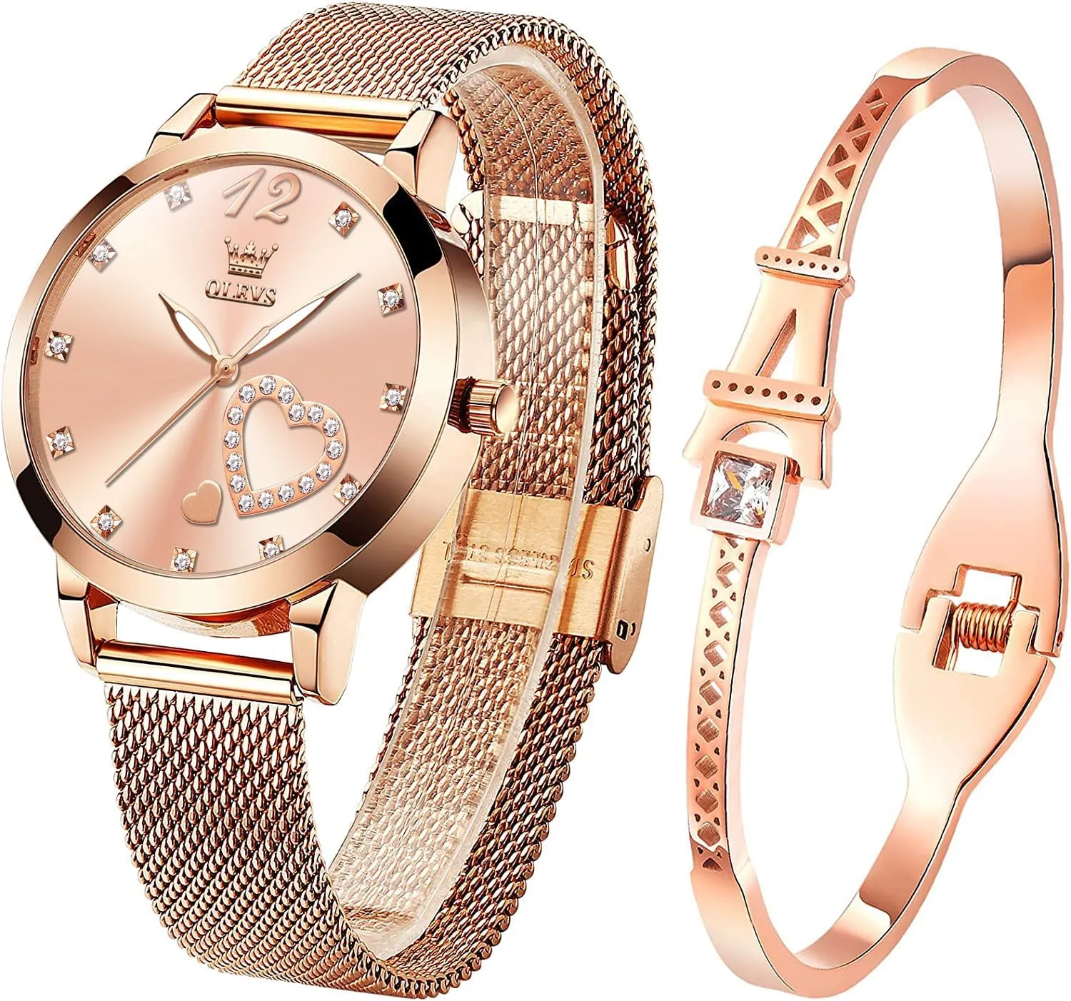Simple Slim Thin Casual Dress Analog Quartz Wrist Watches Waterproof Two Tone OLEVS Womens Watch Gifts Set with Bracelet Rose Gold for bard inaugurate west six characterize hydrologic Lady Female Minimalist 