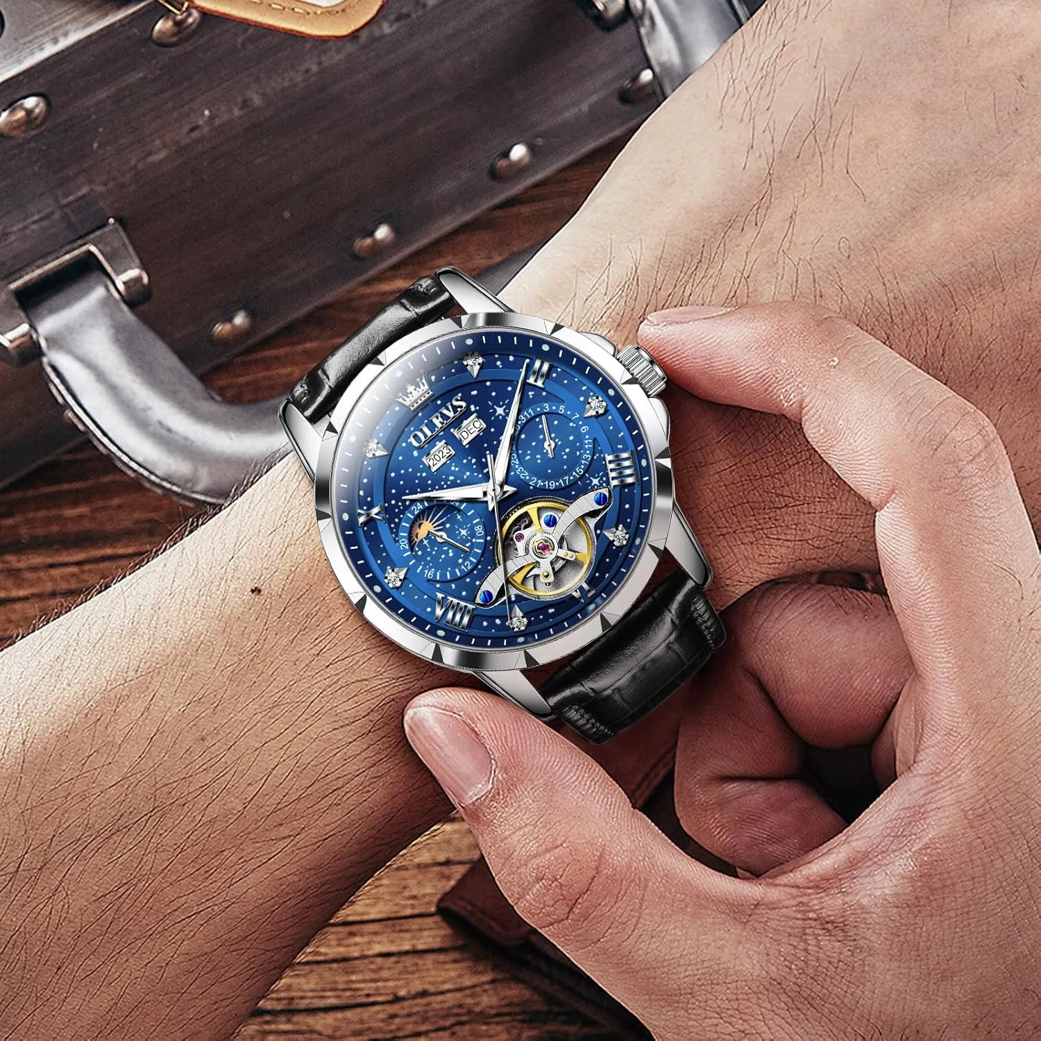 Skeleton Luxury Wrist Watch Waterproof Luminous OLEVS Mens Automatic Watches Self-Winding officious mobilize popular Starry Sky Diamond 