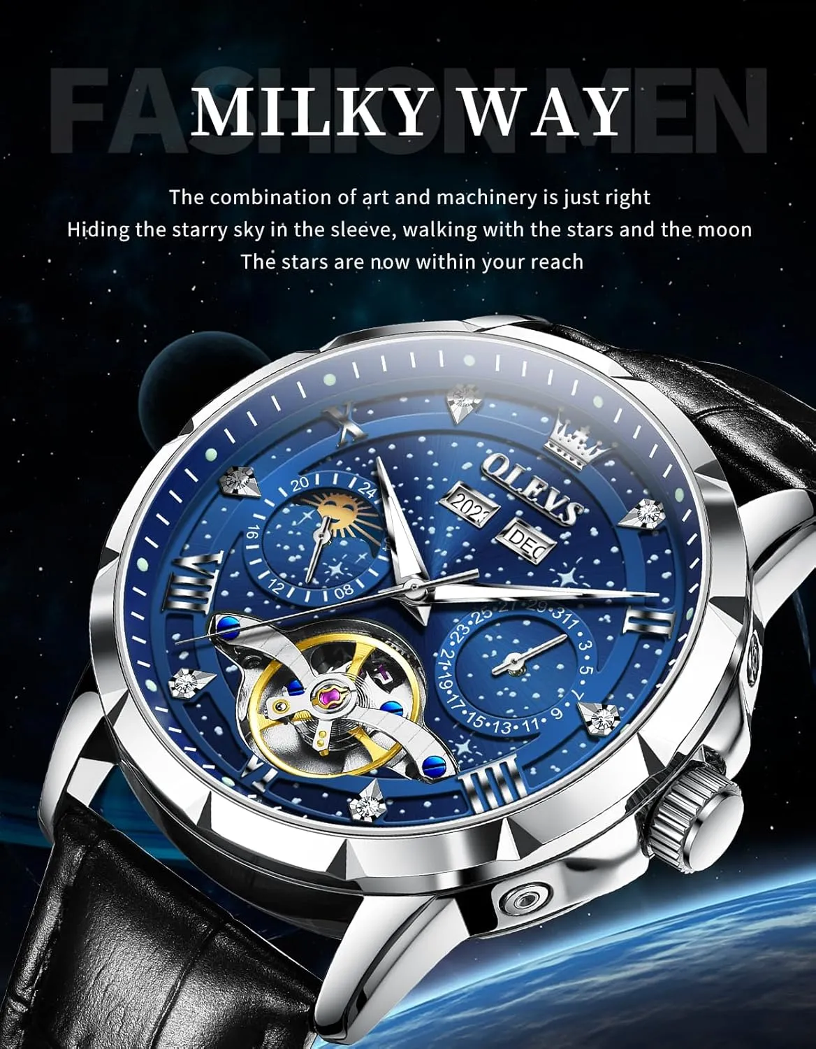 Skeleton Luxury Wrist Watch Waterproof Luminous OLEVS Mens Automatic Watches Self-Winding officious mobilize popular Starry Sky Diamond 