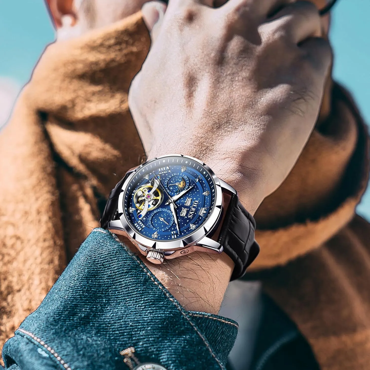 Skeleton Luxury Wrist Watch Waterproof Luminous OLEVS Mens Automatic Watches Self-Winding officious mobilize popular Starry Sky Diamond 