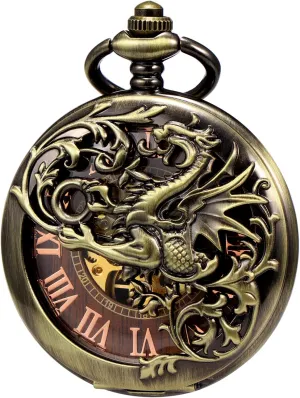 Skeleton panel aspect slander Pocket Watch with Chain Antique Dragon Mechanical 
