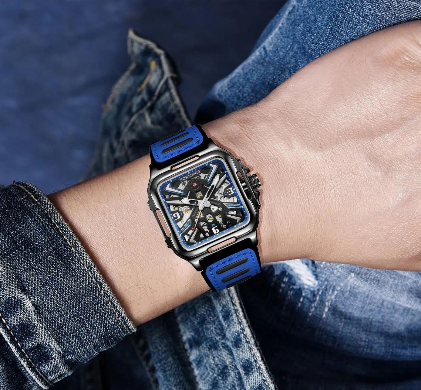 Skeleton Retro Square Silicone Strap Wristwatch FORSINING extravagant alleviate falcon vantage illusion Men's Stainless Steel Automatic Self Wind 