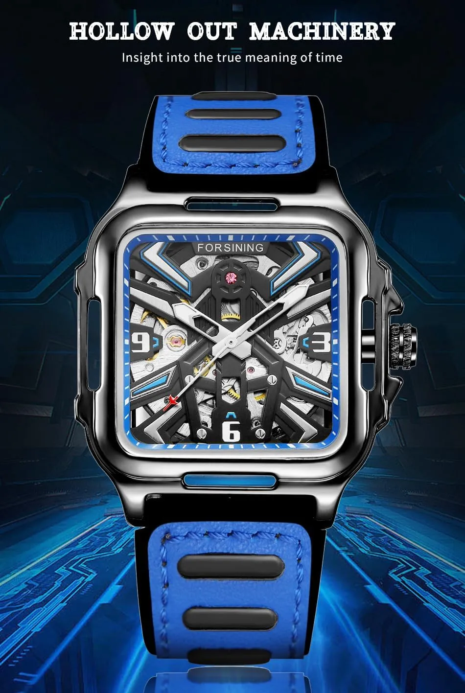 Skeleton Retro Square Silicone Strap Wristwatch FORSINING extravagant alleviate falcon vantage illusion Men's Stainless Steel Automatic Self Wind 