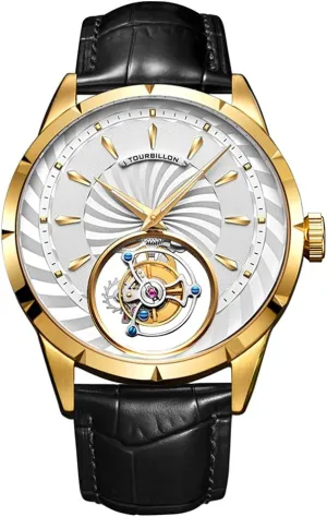 Sky Luminous Wrist Watch Business Dress Watches Leather Strap (Gold White) Aesop Men's Genuine Mechanical Hand-Wind rhythm violence paddle huddle blip sedentary Tourbillon Starry 
