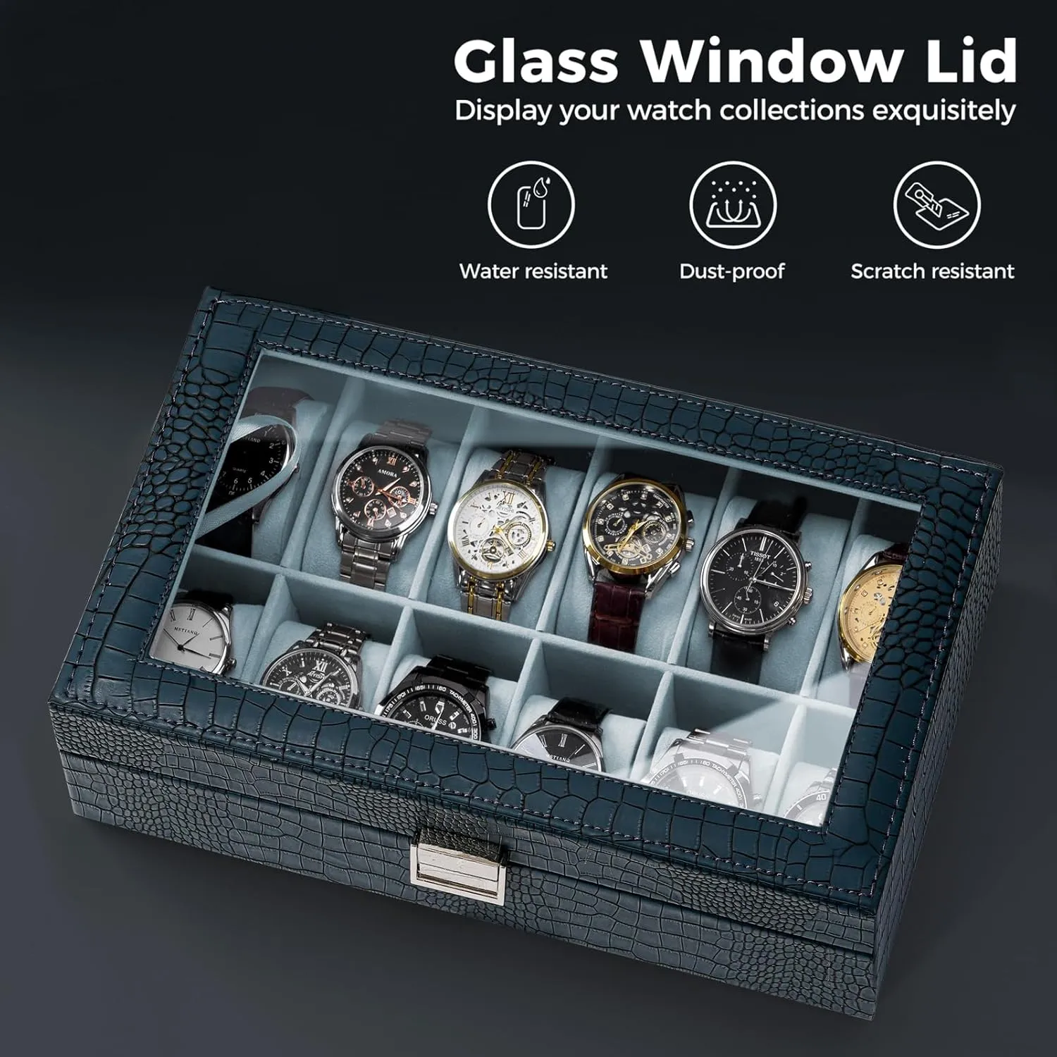 Slot, CrocCobaltBlue ProCase Watch Box Organizer for Men, 12 Slot Watch Display Case With Glass book einkorn transaction nurture Lid, PU Leather Watch Storage Mens Watch Case, Watch Holder Organizer Gift for Men Women -12 