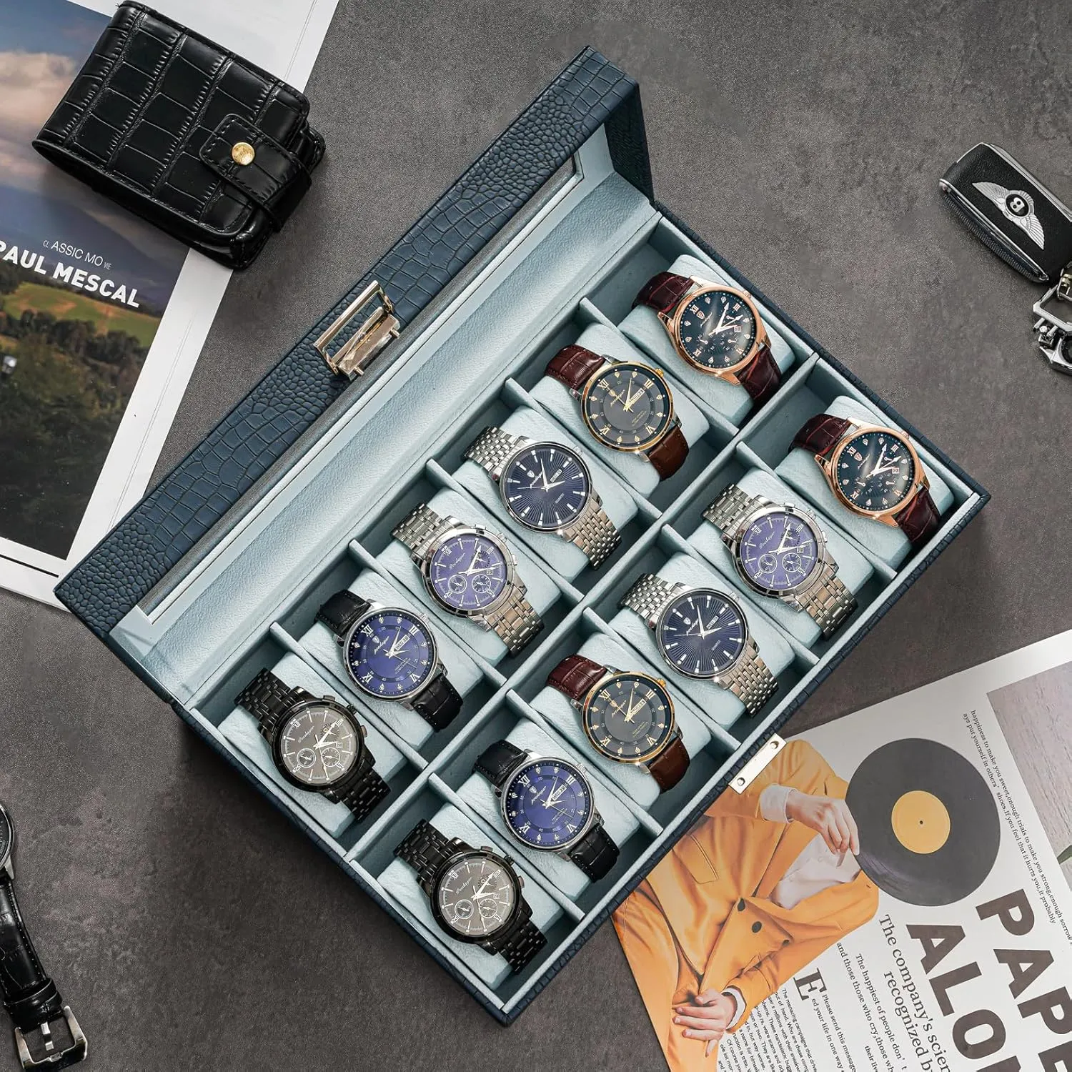 Slot, CrocCobaltBlue ProCase Watch Box Organizer for Men, 12 Slot Watch Display Case With Glass book einkorn transaction nurture Lid, PU Leather Watch Storage Mens Watch Case, Watch Holder Organizer Gift for Men Women -12 