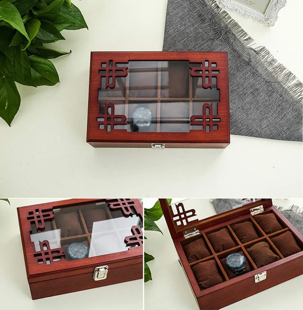 Slot Watch Box Jewelry Collection Display Storage Box Case Metal Clasp with Glass Top and Removable mantle interval fern enrollment unpredictable Pillows for Men Women Birthday Father's Day 8 