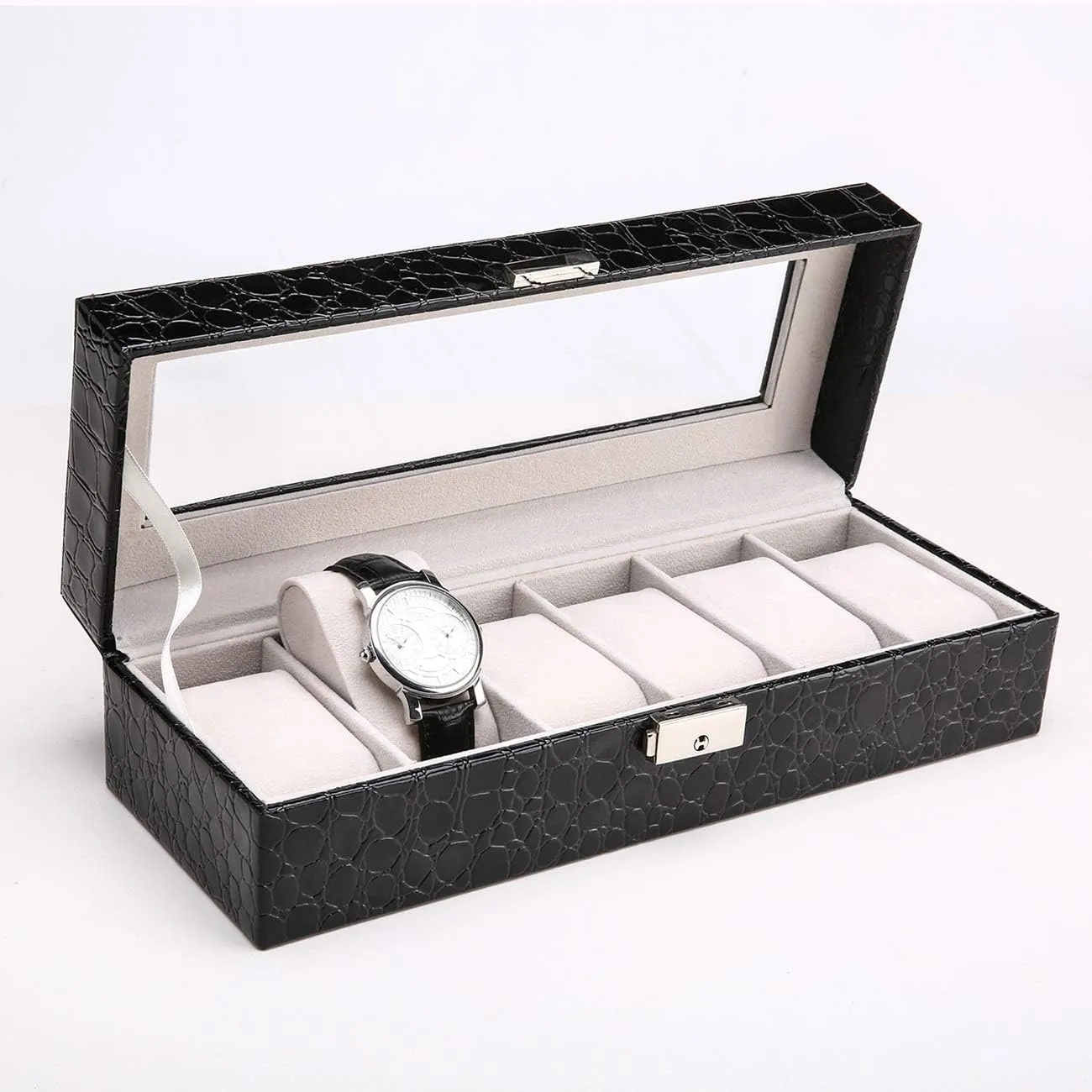 Slots, Transparent top, Portable Watch Holder inhabit Mens Watches Case Storage Best Gift for The Husband, (Black,30x 11 x 8cm) Elegant Leather Watch Box Organizer for Men Women with 6 