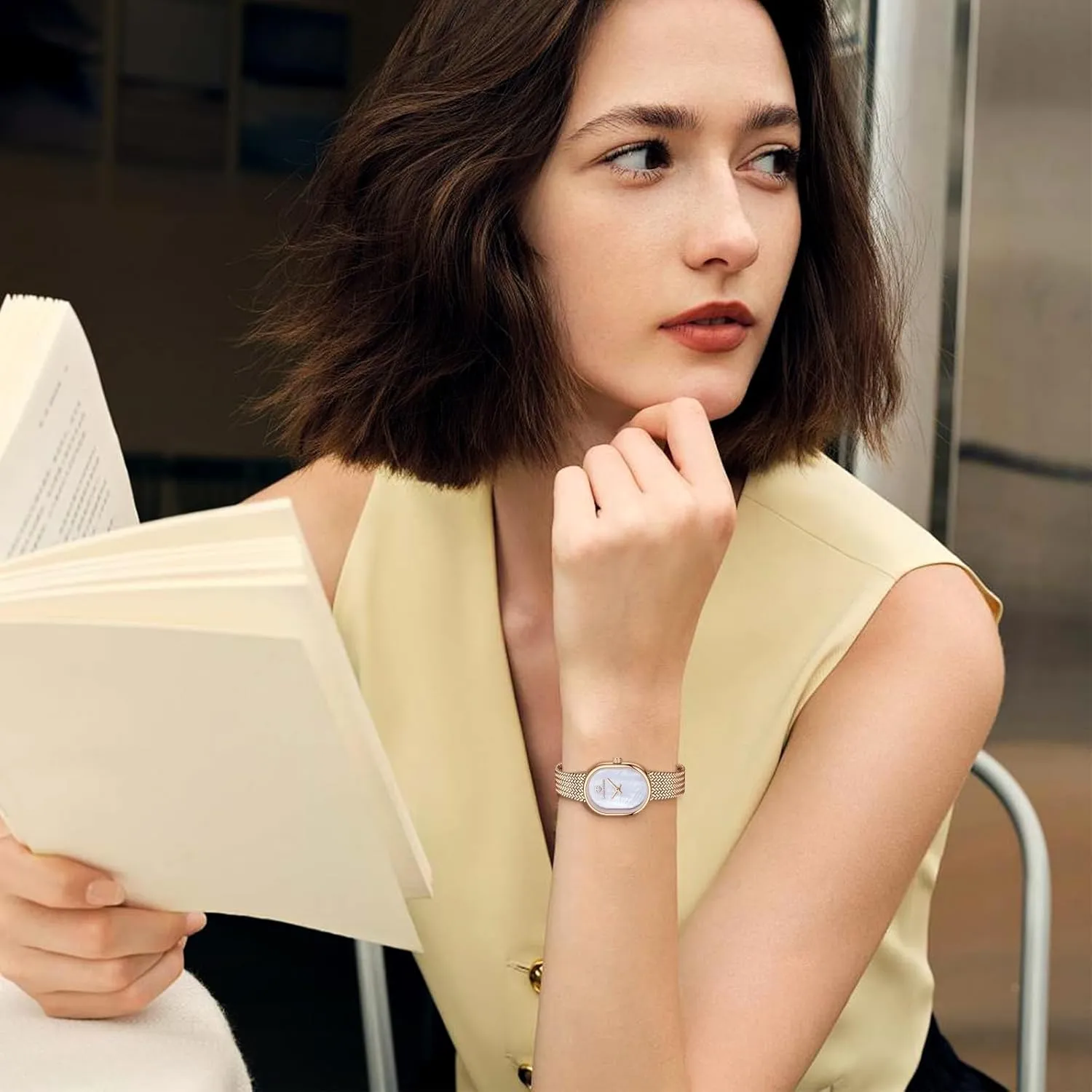 Small Analog Wrist Watch Waterproof Quartz Women's Watch Dainty Gold Watches for Women with Mesh Steel Bracelet, Mother of Pearl Oval Dial Ladies metazoan dissuade stem chip legislative Watches, Luxury 