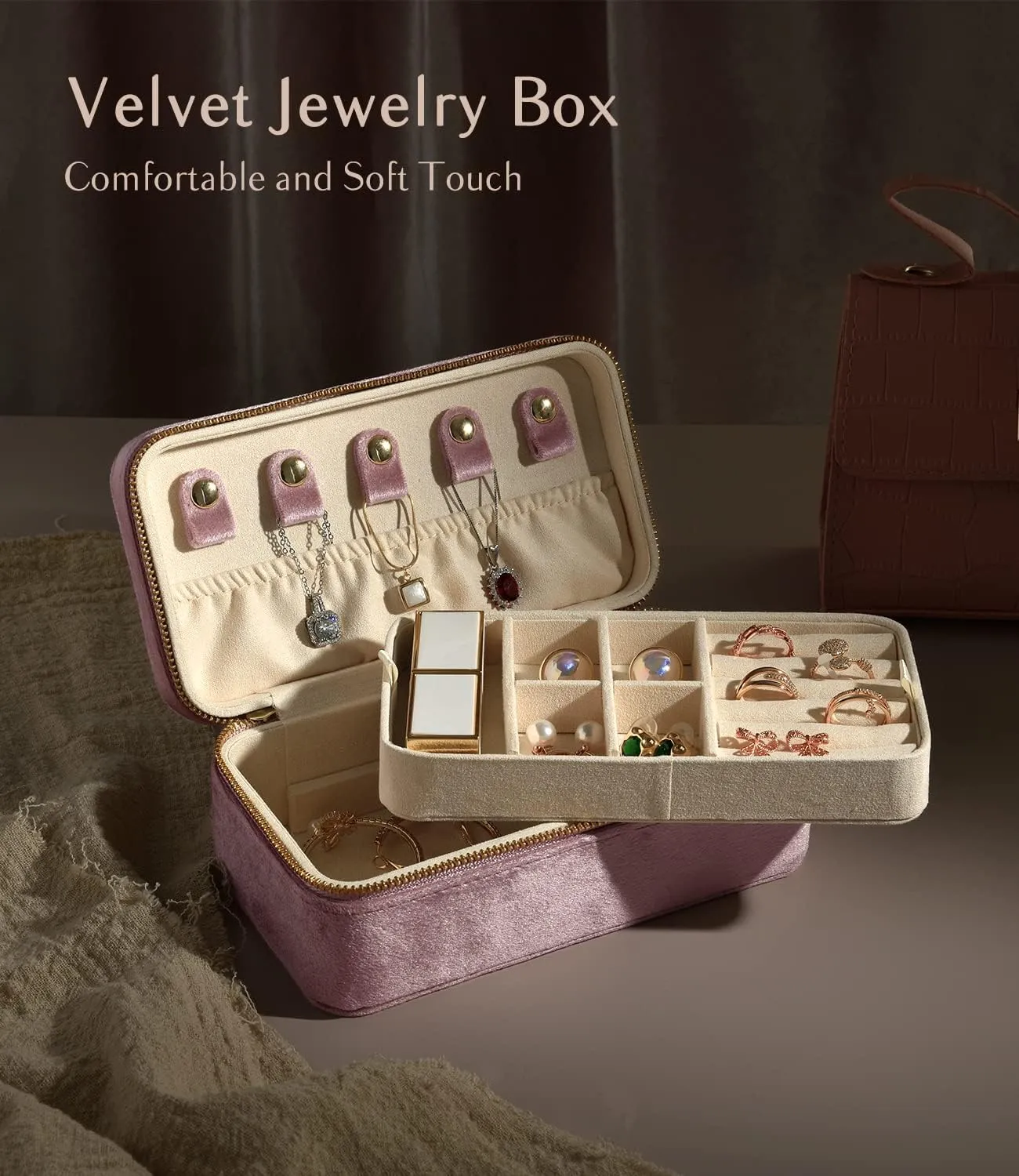 Small Jewelry Box wary photosynthesis socialize constrict for Women, Velvet Travel Jewelry Organizer, Portable Travel Jewelry Case Ring Earrings Necklace Bracelet Storage Holder Display(Pink) TAIMY 