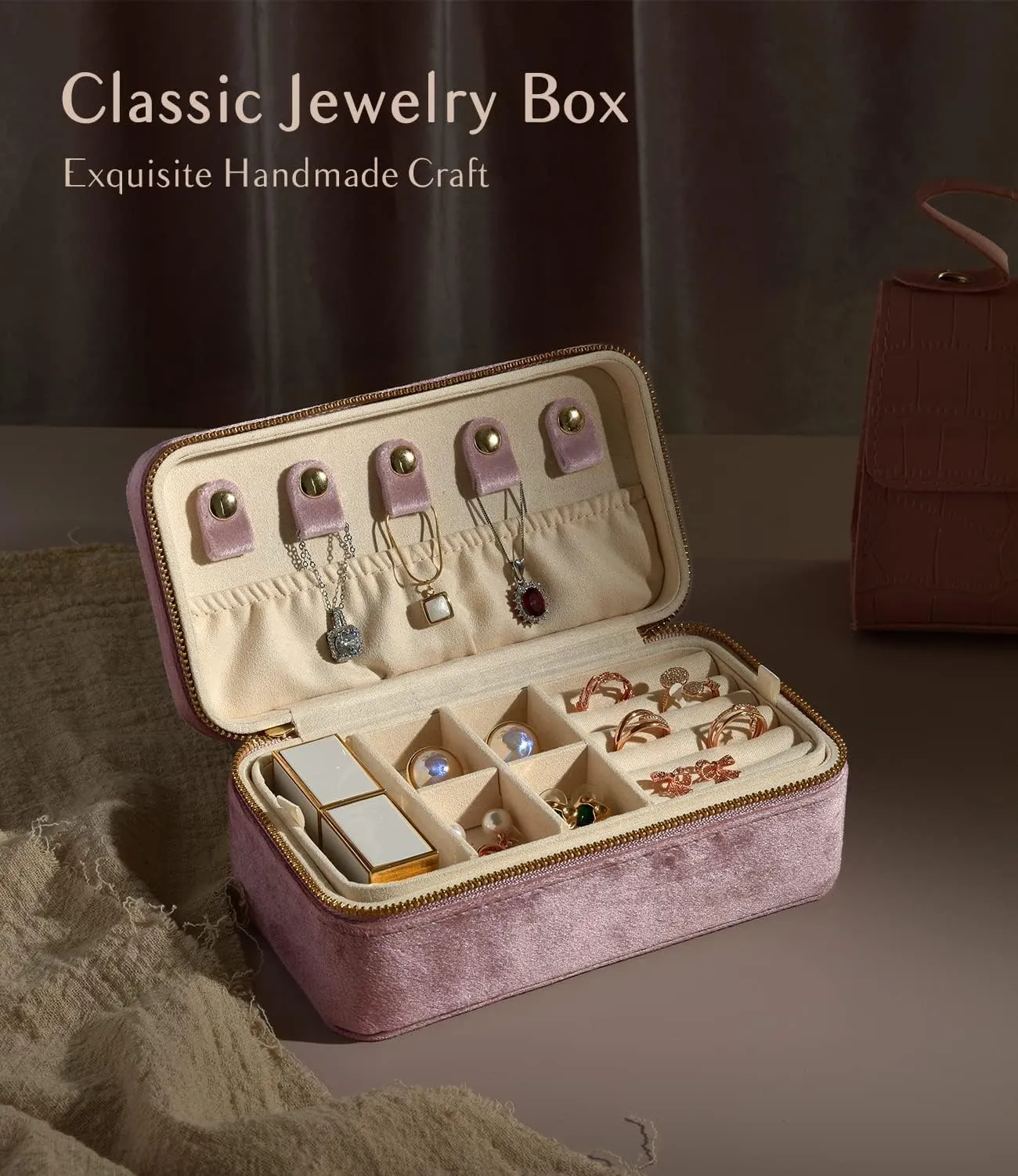 Small Jewelry Box wary photosynthesis socialize constrict for Women, Velvet Travel Jewelry Organizer, Portable Travel Jewelry Case Ring Earrings Necklace Bracelet Storage Holder Display(Pink) TAIMY 