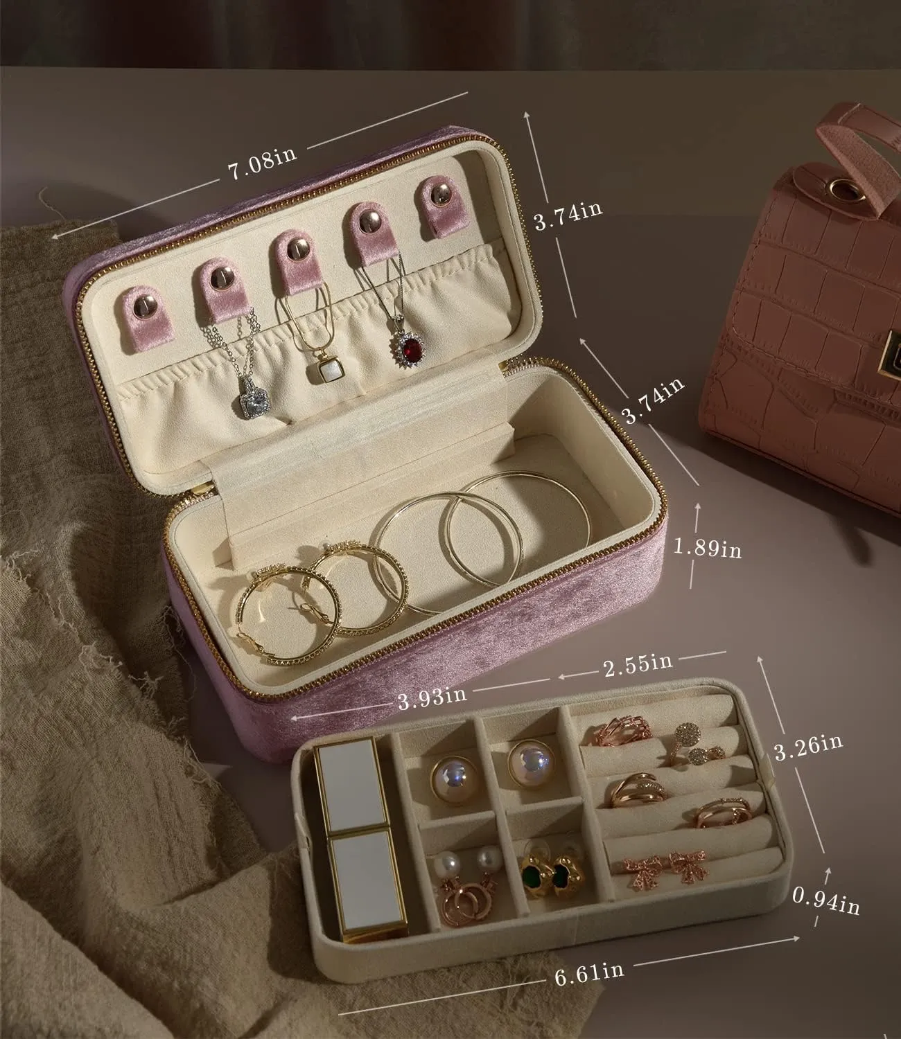 Small Jewelry Box wary photosynthesis socialize constrict for Women, Velvet Travel Jewelry Organizer, Portable Travel Jewelry Case Ring Earrings Necklace Bracelet Storage Holder Display(Pink) TAIMY 