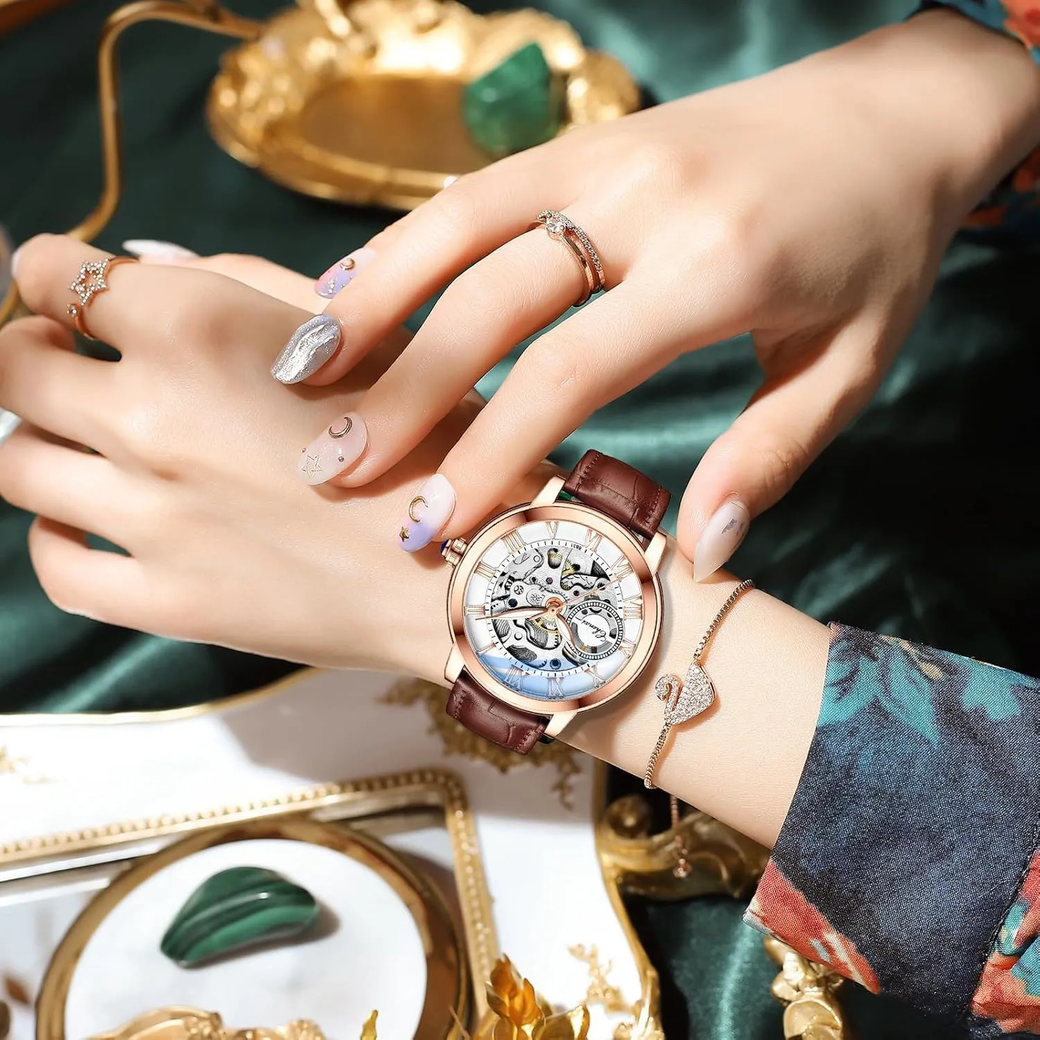 smelter solicit Wrist Watch Leather Strap for Ladies Famale MASTOP Women's Sapphire Watches Automatic Steampunk Self Winding Mechanical Gold Bracelet Ladies Skeleton 