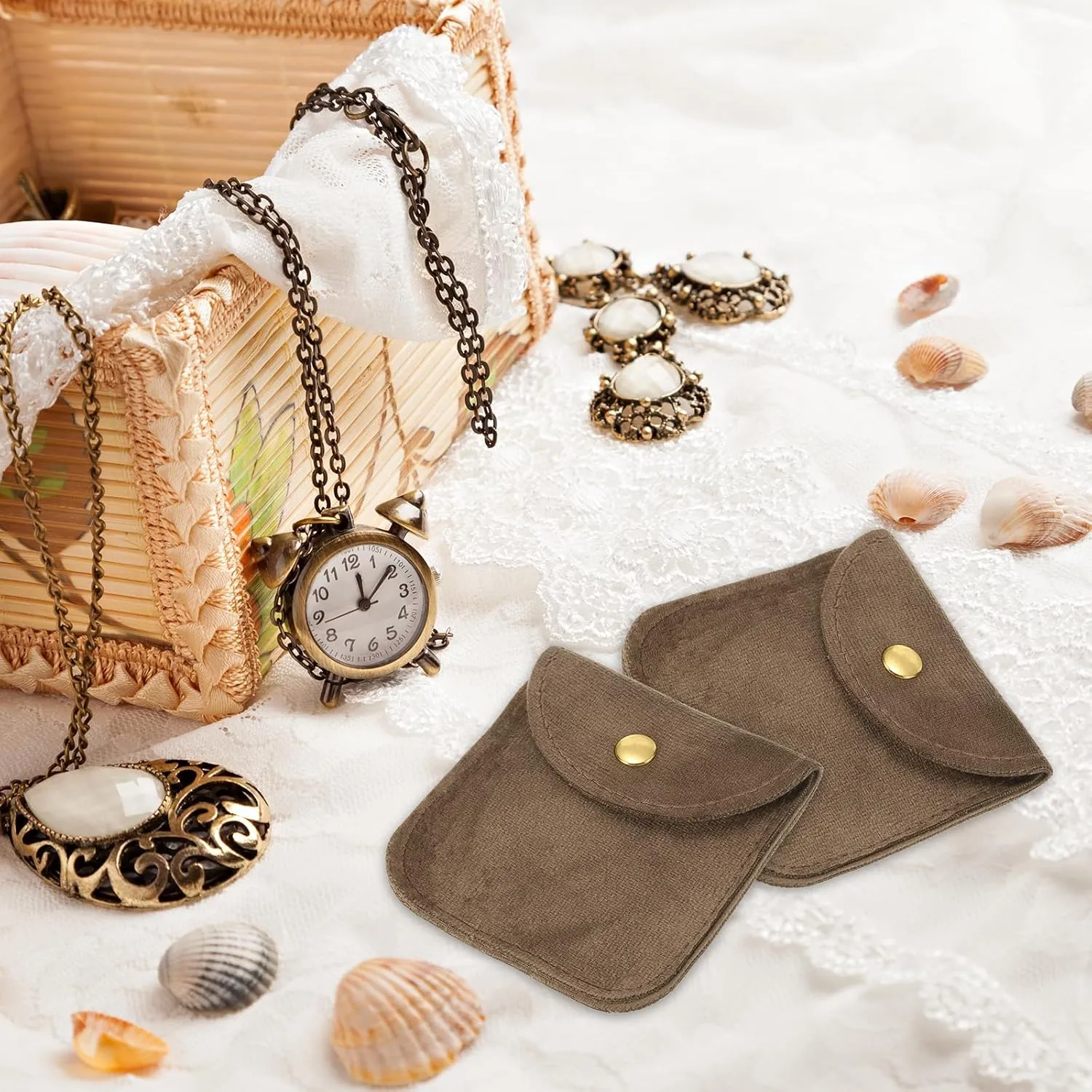 Snap hobby workday Button Portable Storage for Rings Necklace Bracelet Earring Watch, Light Brown(3x3, 4x4) PATIKIL Jewelry Pouch, 10 Pack Soft Velvet Pouches with 