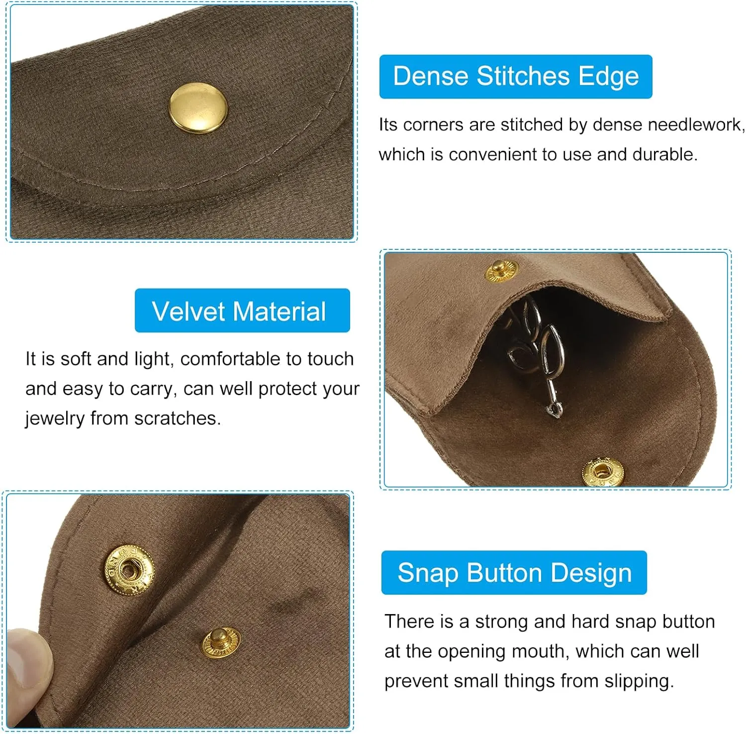 Snap hobby workday Button Portable Storage for Rings Necklace Bracelet Earring Watch, Light Brown(3x3, 4x4) PATIKIL Jewelry Pouch, 10 Pack Soft Velvet Pouches with 