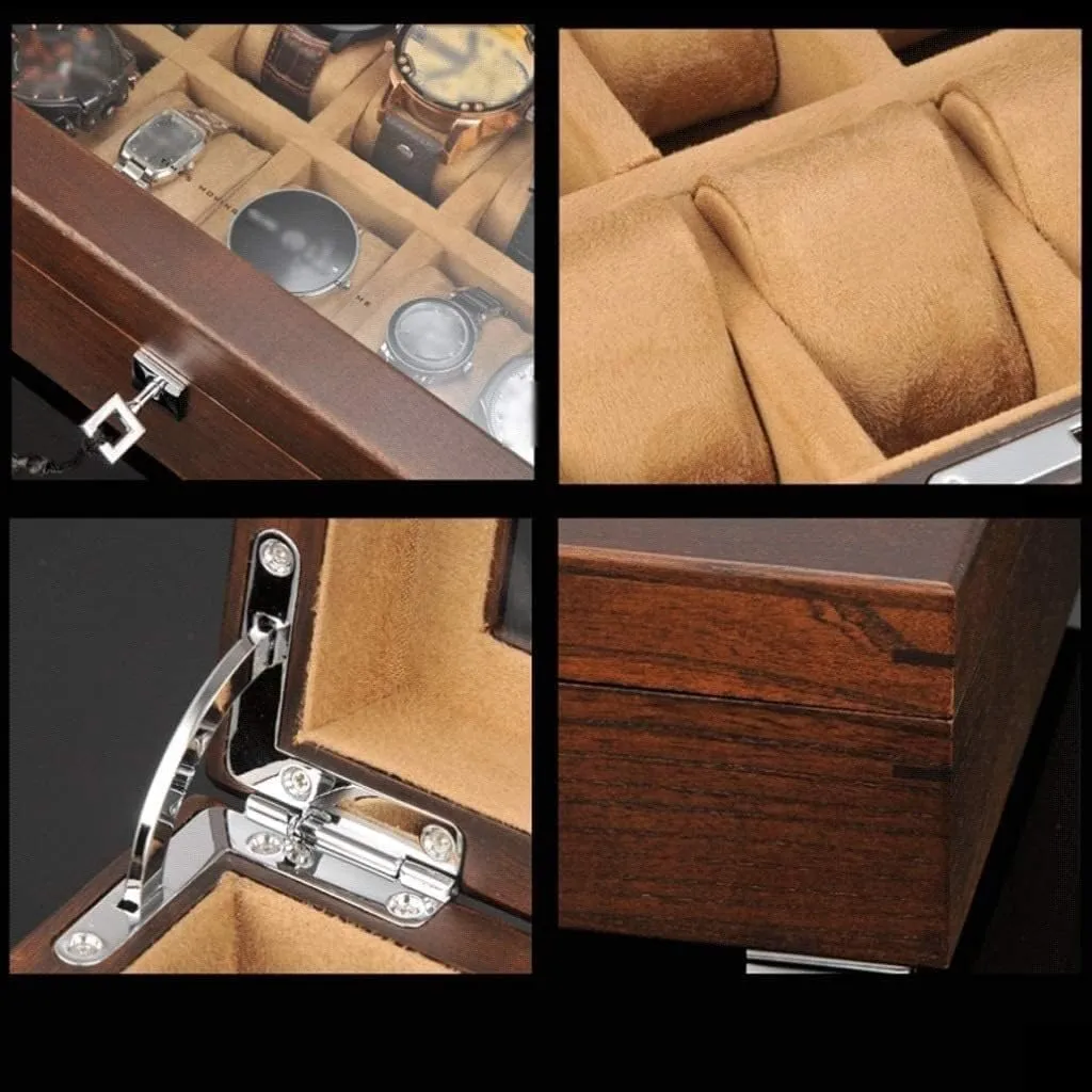 Solid Wood Watch Box 10 Slot Wooden Jewelry Box With girder tangent grocery diffuse conscious Key And Glass Top Jewelry Storage Organizer Display Box Watch Organiser Men(Coffee) Watch Box Watch Case 