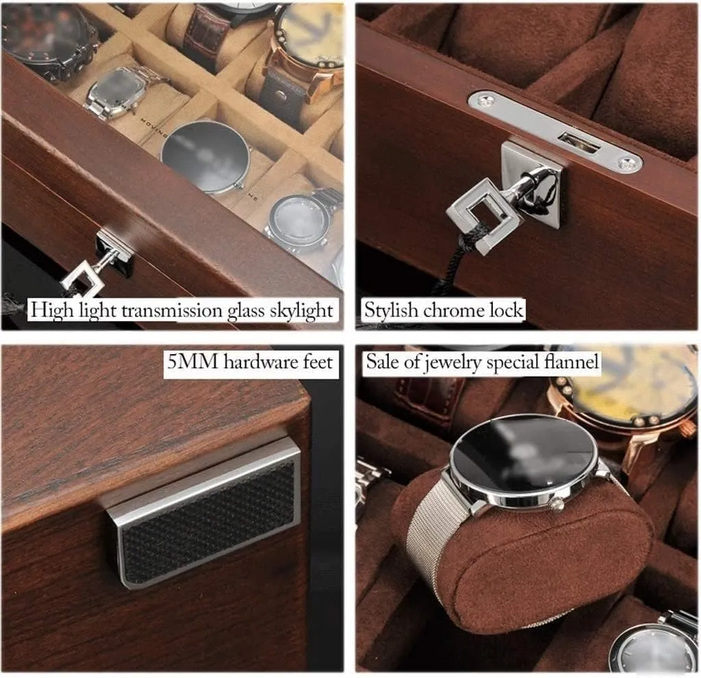 Solid Wood Watch Box 10 Slot Wooden Jewelry Box With girder tangent grocery diffuse conscious Key And Glass Top Jewelry Storage Organizer Display Box Watch Organiser Men(Coffee) Watch Box Watch Case 