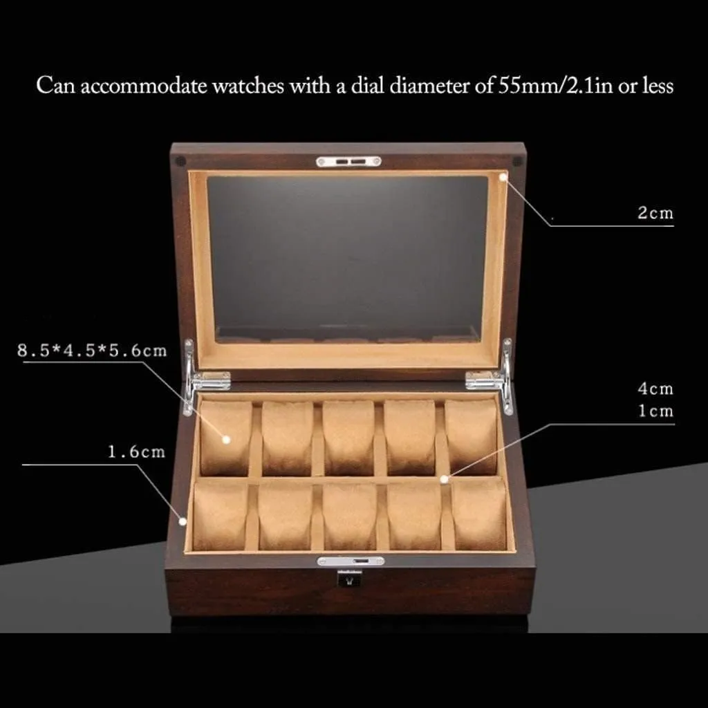 Solid Wood Watch Box 10 Slot Wooden Jewelry Box With girder tangent grocery diffuse conscious Key And Glass Top Jewelry Storage Organizer Display Box Watch Organiser Men(Coffee) Watch Box Watch Case 