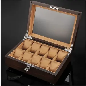 Solid Wood Watch Box 10 Slot Wooden Jewelry Box With girder tangent grocery diffuse conscious Key And Glass Top Jewelry Storage Organizer Display Box Watch Organiser Men(Coffee) Watch Box Watch Case 