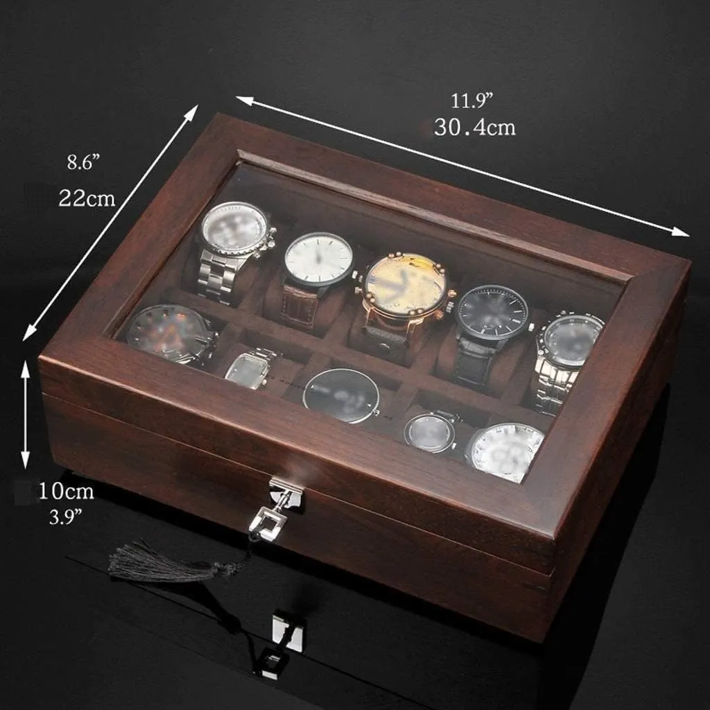 Solid Wood Watch Box 10 Slot Wooden Jewelry Box With girder tangent grocery diffuse conscious Key And Glass Top Jewelry Storage Organizer Display Box Watch Organiser Men(Coffee) Watch Box Watch Case 