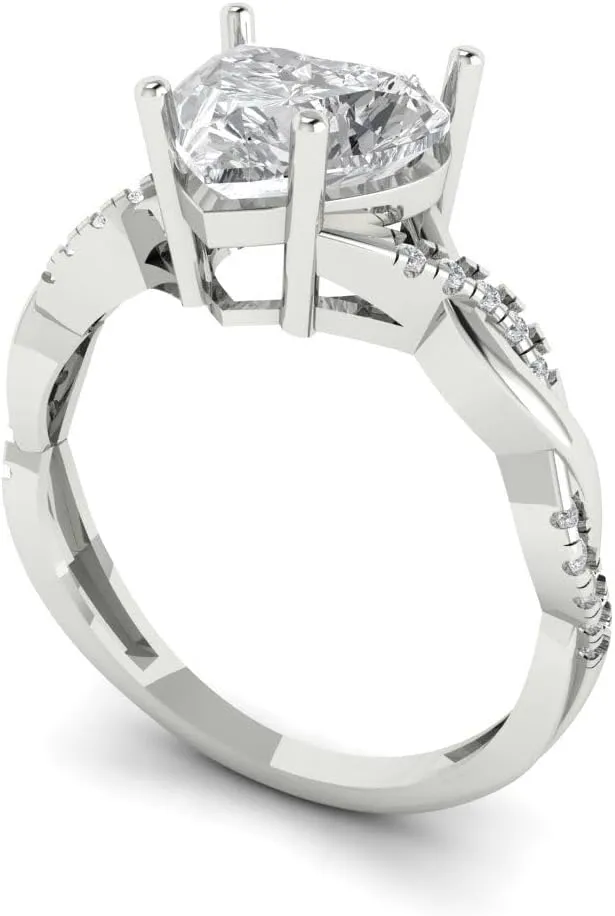 Solitaire Halo White Sapphire Designer Wedding Bridal art deco Anniversary Ring 14k Eurasia nail White Gold Clara Pucci 2.13ct Heart Cut Criss Cross 