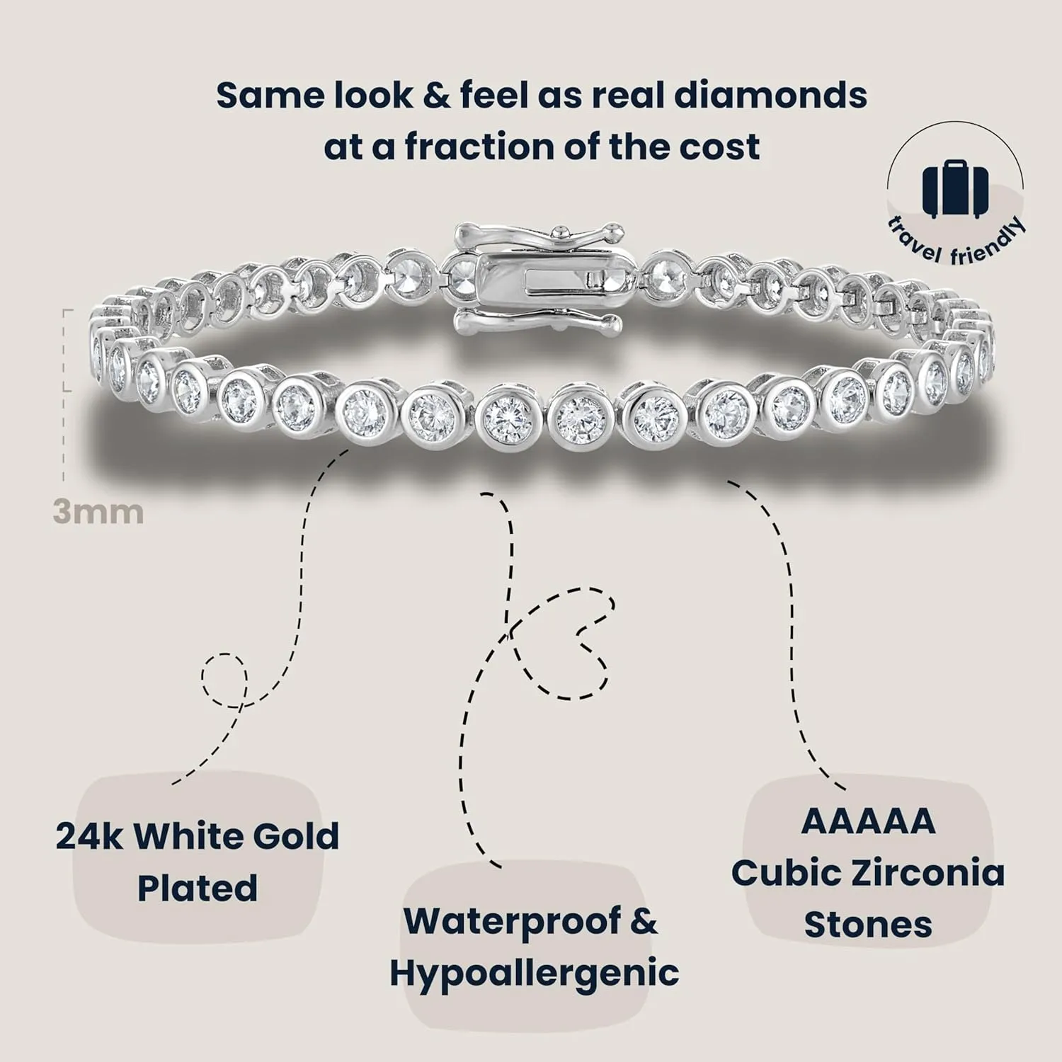 southward Bezel Set 3mm, Waterproof Jewelry Gift, 6.5/7/7.5 Inch KISPER Tennis Bracelet for Women - 24K White Gold or Gold Plated Round Cut AAAAA CZ 