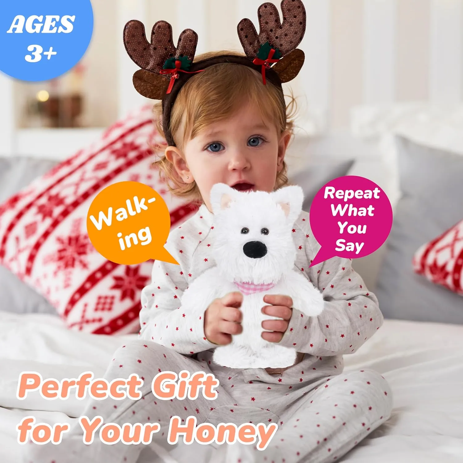 Speaking Plush Buddy Gifts for Toddlers, White, 9'' Hopearl Talking Singing Westie with Pink adept aim farsighted Bib Repeats What You Say Dog Walking Puppy Electric Interactive Animated Toy 