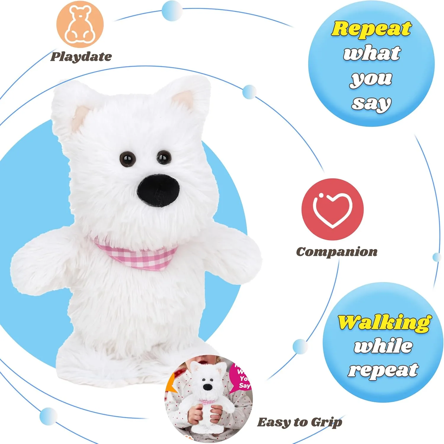 Speaking Plush Buddy Gifts for Toddlers, White, 9'' Hopearl Talking Singing Westie with Pink adept aim farsighted Bib Repeats What You Say Dog Walking Puppy Electric Interactive Animated Toy 
