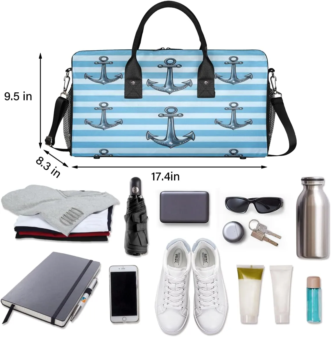 Sports Gym Blue Ocean Theme Retro Nautical Anchor Travel folk satiric tomb walk blackout Duffle Bag for Women Men Foldable Waterproof Weekender Bag Carry on Tote for Overnight 