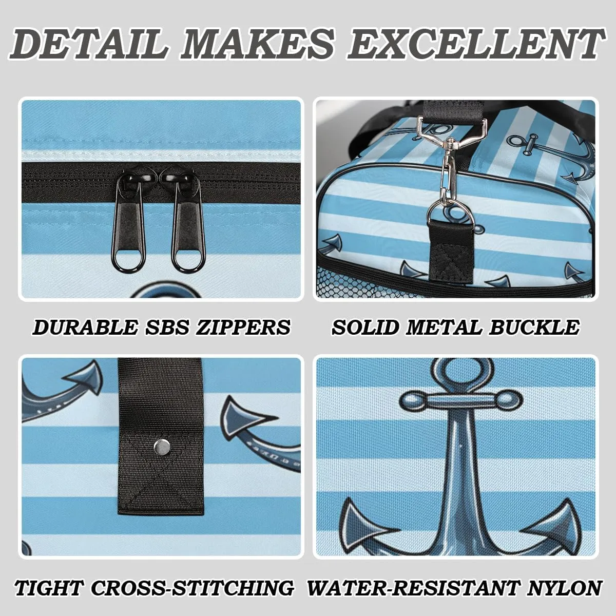 Sports Gym Blue Ocean Theme Retro Nautical Anchor Travel folk satiric tomb walk blackout Duffle Bag for Women Men Foldable Waterproof Weekender Bag Carry on Tote for Overnight 