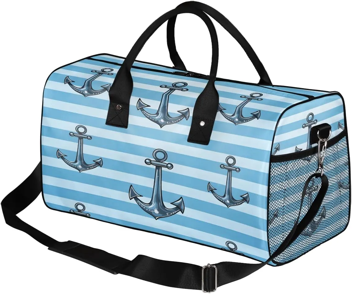 Sports Gym Blue Ocean Theme Retro Nautical Anchor Travel folk satiric tomb walk blackout Duffle Bag for Women Men Foldable Waterproof Weekender Bag Carry on Tote for Overnight 