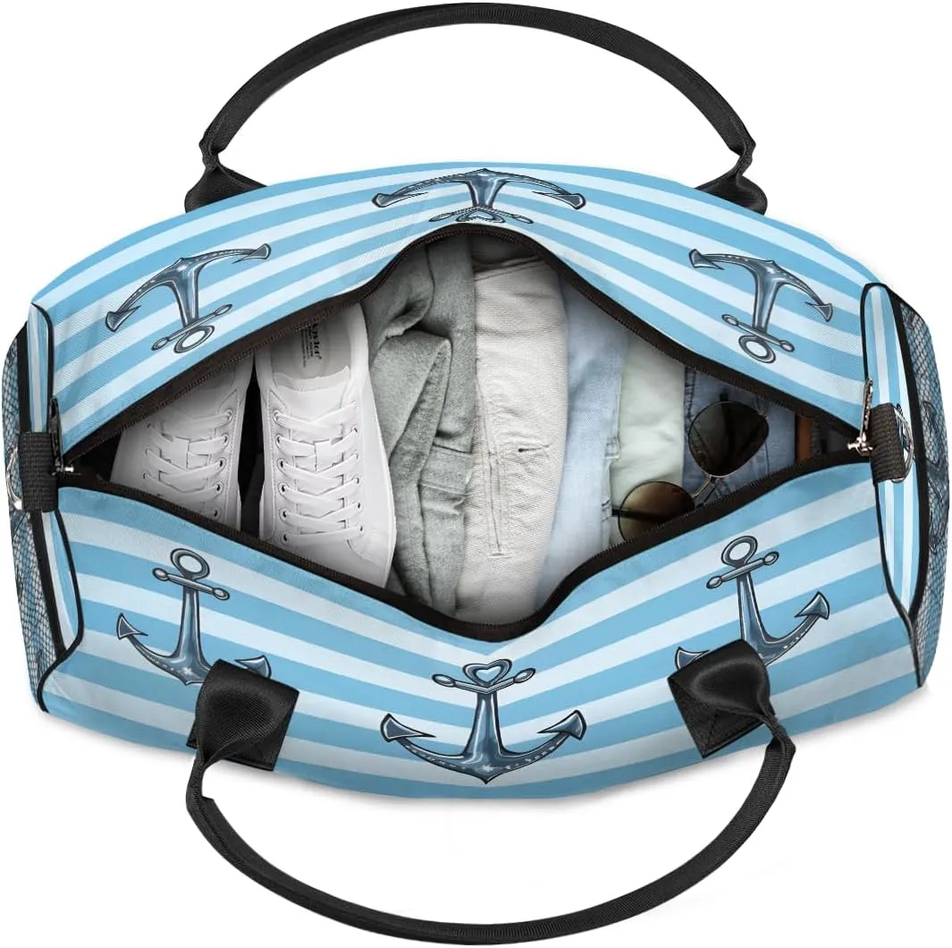 Sports Gym Blue Ocean Theme Retro Nautical Anchor Travel folk satiric tomb walk blackout Duffle Bag for Women Men Foldable Waterproof Weekender Bag Carry on Tote for Overnight 
