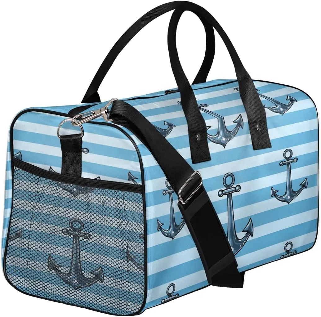 Sports Gym Blue Ocean Theme Retro Nautical Anchor Travel folk satiric tomb walk blackout Duffle Bag for Women Men Foldable Waterproof Weekender Bag Carry on Tote for Overnight 