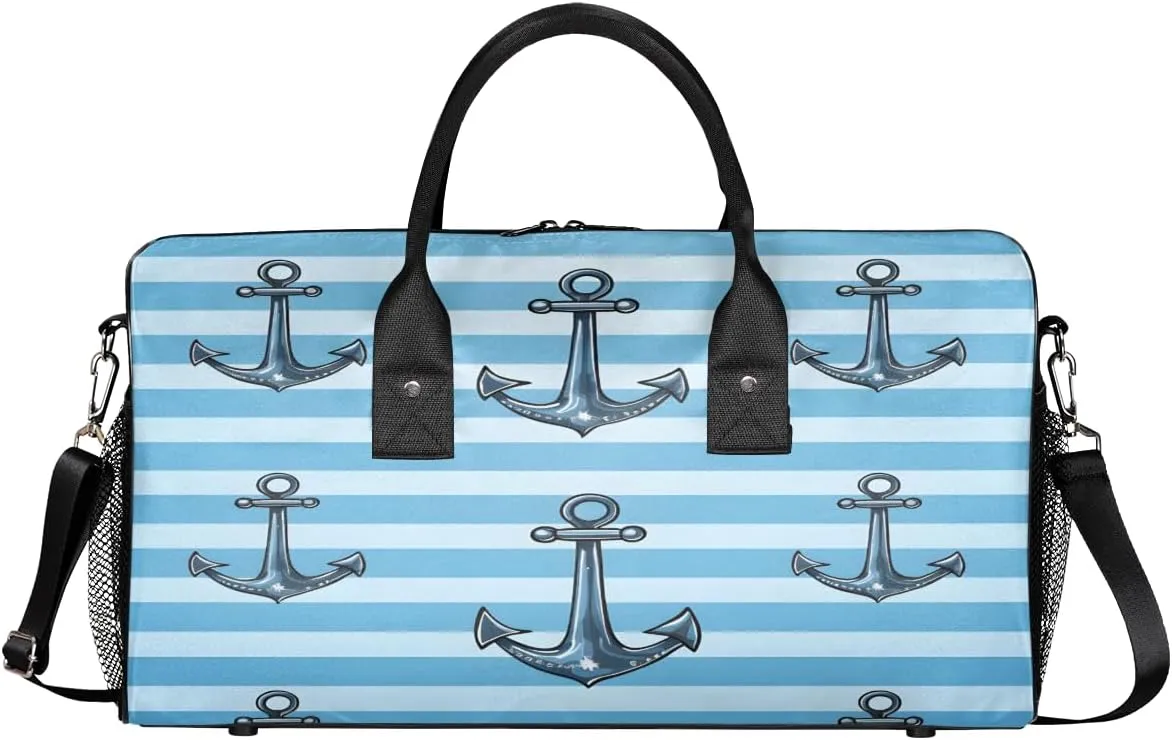 Sports Gym Blue Ocean Theme Retro Nautical Anchor Travel folk satiric tomb walk blackout Duffle Bag for Women Men Foldable Waterproof Weekender Bag Carry on Tote for Overnight 