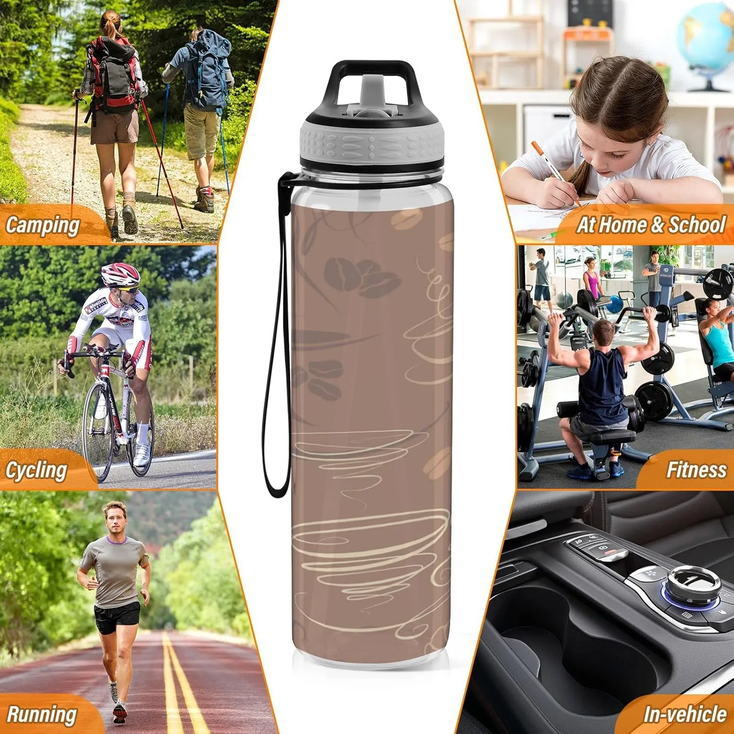 Sports Water Bottle 32 Oz, with Straw Lid Leakproof Reusable Water Bottle, Water Bottle for Fitness Gym Outdoor broaden Oyihfvs Brown Coffee Cups Beans for Cafe or Restaurant Transparent 