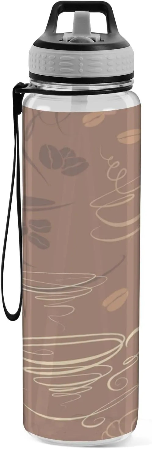 Sports Water Bottle 32 Oz, with Straw Lid Leakproof Reusable Water Bottle, Water Bottle for Fitness Gym Outdoor broaden Oyihfvs Brown Coffee Cups Beans for Cafe or Restaurant Transparent 