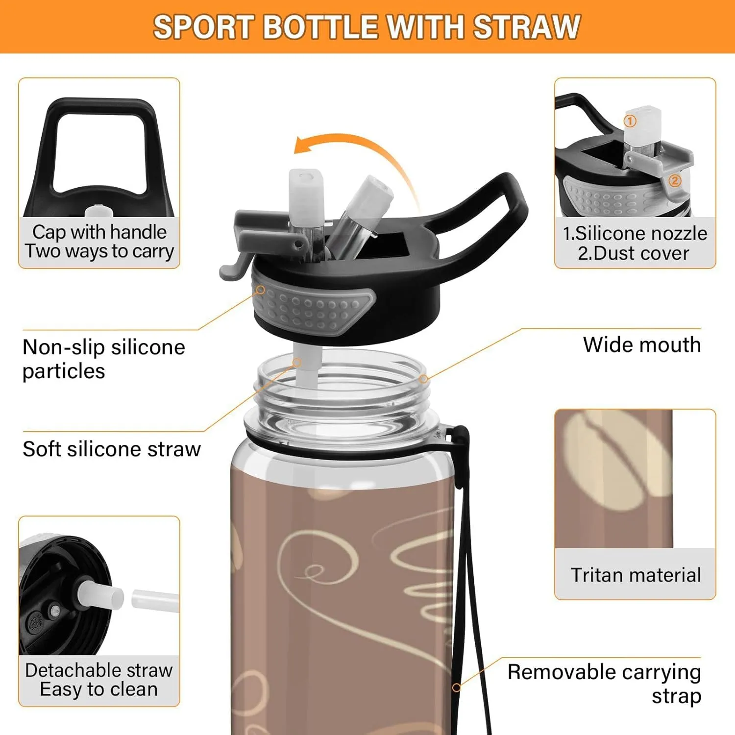 Sports Water Bottle 32 Oz, with Straw Lid Leakproof Reusable Water Bottle, Water Bottle for Fitness Gym Outdoor broaden Oyihfvs Brown Coffee Cups Beans for Cafe or Restaurant Transparent 